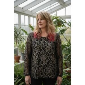 Chicos 3 Shirt Long Sleeve Black Mesh with Gold Embroidered Design Women's XL